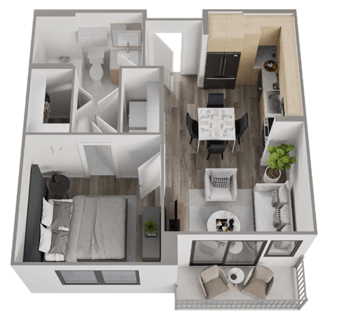 a 3d floor plan of a house with a bedroom and a living room